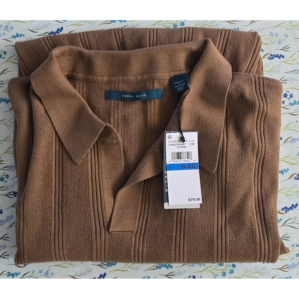 Perry Ellis Mens XL Otter Brown Textured Knit Polo Shirt Short Sleeve 4JRG7200RT